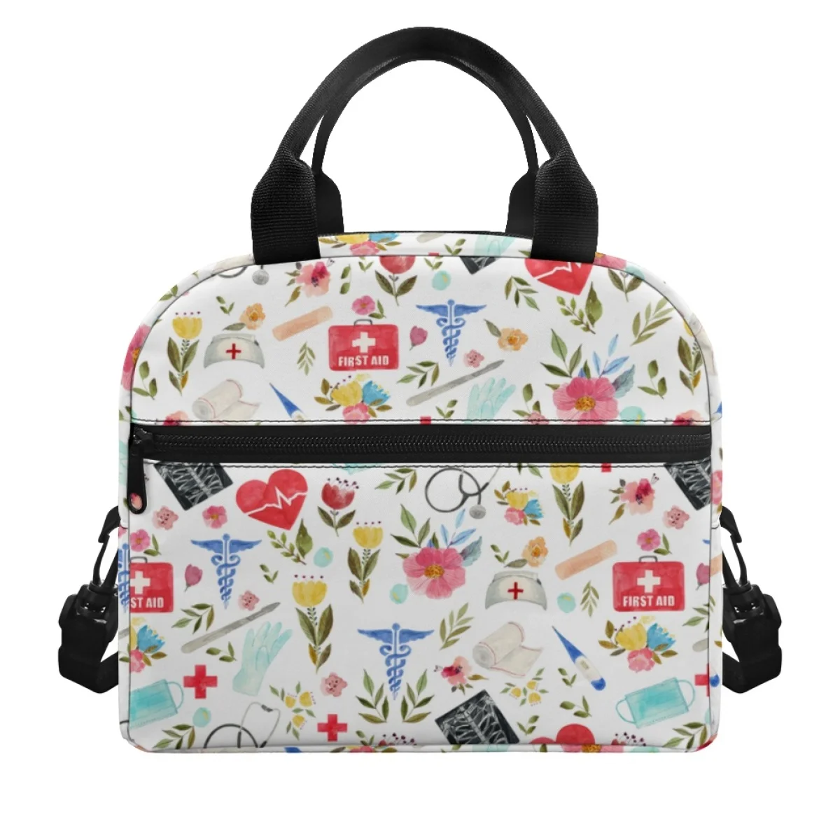 

EMT EMS Paramedics Heart Flower Pattern Women Large Capacity Lunch Bag Multi Insulated Handbag Travel Outdoor Dirt Resistant Bag