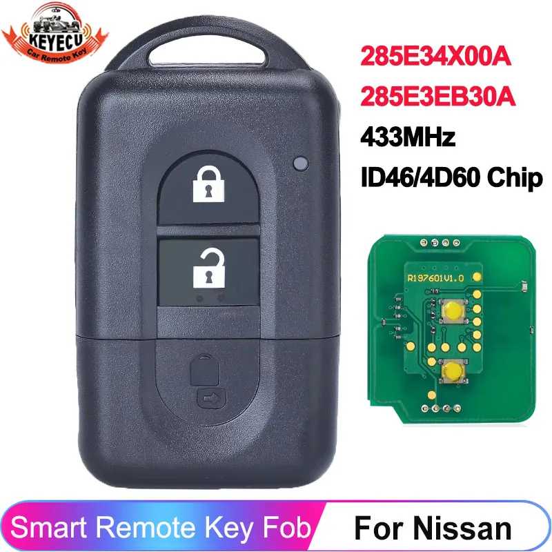 KEYECU 285E34X00A 285E3EB30A 2 Buttons For Nissan Xtrail Qashqai Pathfinder Micra Juke Smart 433MHz ID46/4D60 Chip Remote Key