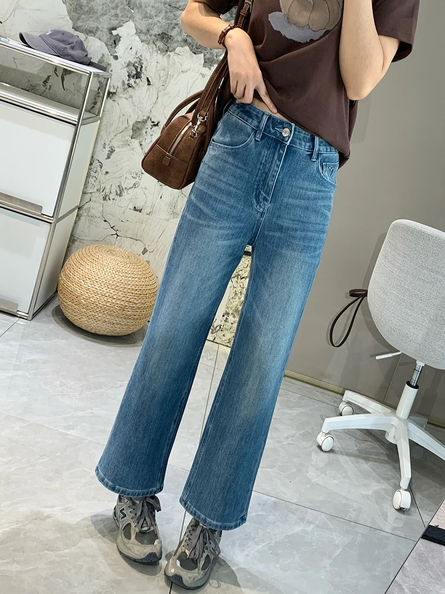 

Джинсы с высокой талией и прямыми штанинами для женщин, весенний сезон, эластичные, с четырехсторонним стрейчем, облегающие, широкие брюки из хлопкового эластичного денима, синие, черные