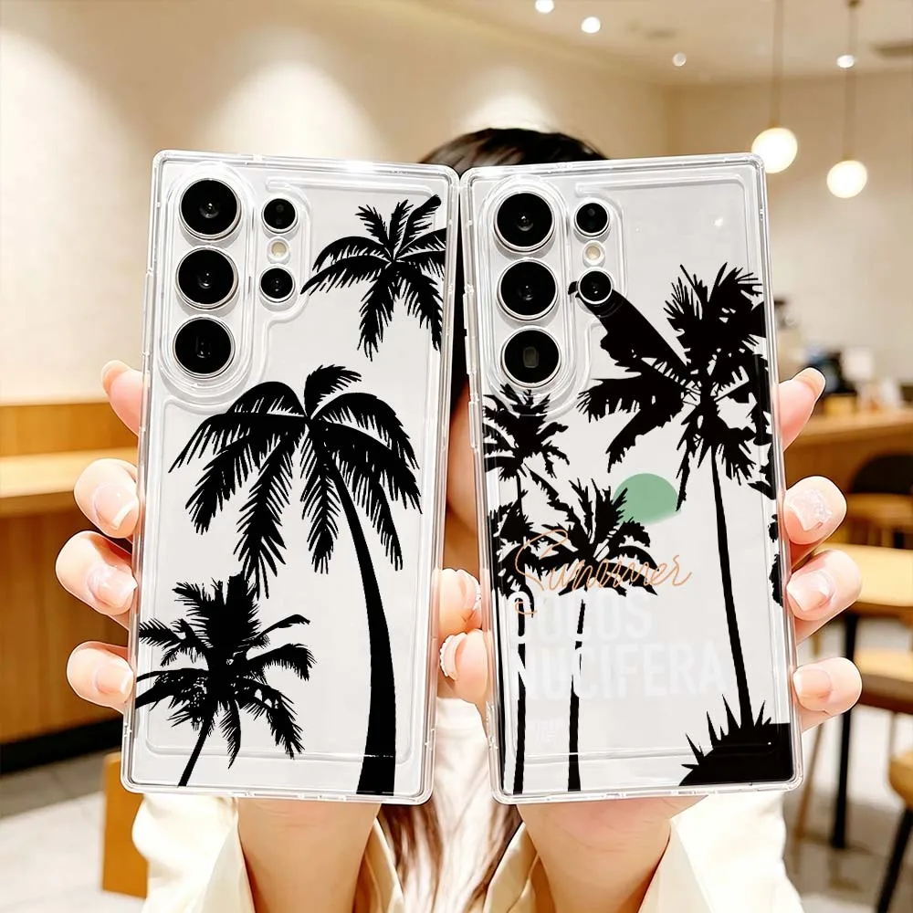 Cartoon Coconut Tree Sunset Phone Case For Samsung Galaxy S26 S25 S24 S23 S22 S21 S20 Ultra Plus FE Pro 5G Transparent Cover