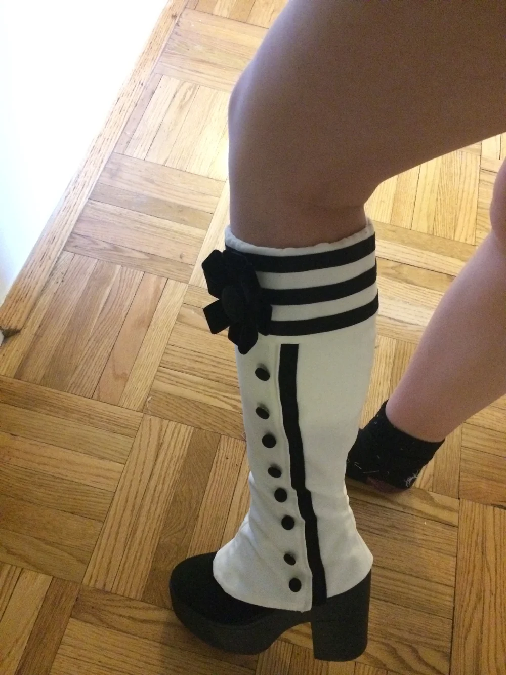 Cute Preppy Style Black White Nautical-Style Knee-High Boots Striped Cuff Flower Button Trim Platform Block Heel Retro Boots
