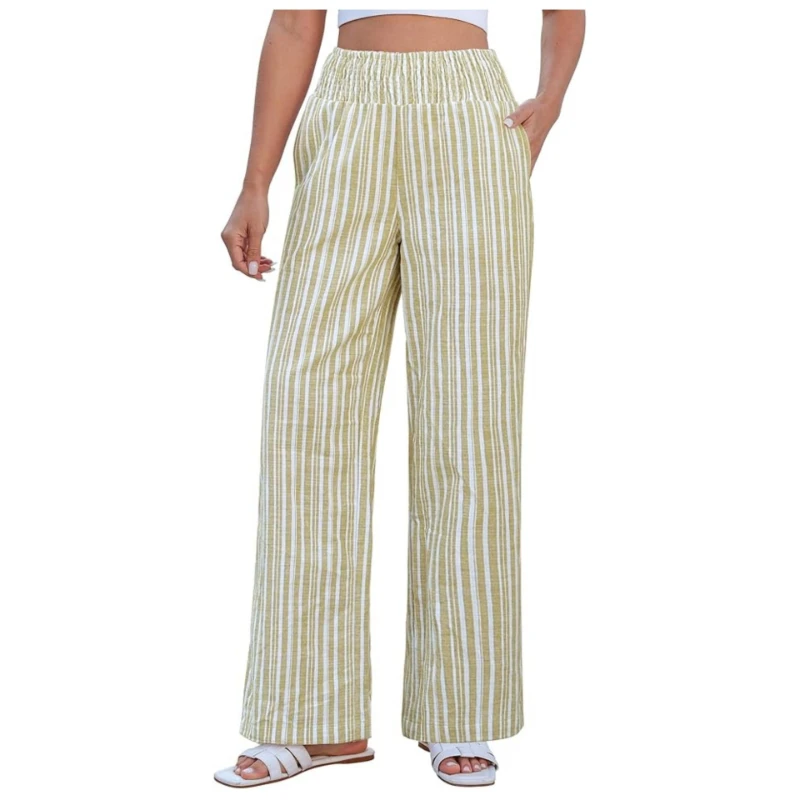 2026 New Autumn Fresh Relaxation Stripe Loose Pulling Cotton Elastic High Waist Pants for Women