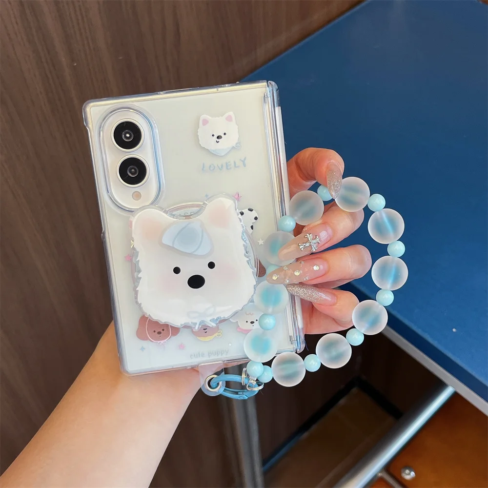 Cute Samoyed Dog Magnetic Case For Samsung Galaxy Z Fold 8 3D Puppy Mirror Stand For Magsafe Blue Protection Fold Phone Cover