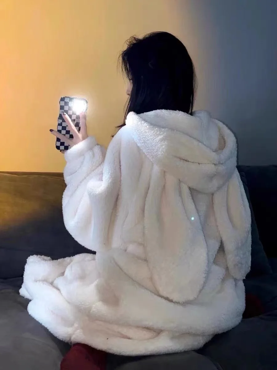 Cute Rabbit Long Ears Solid Hooded Pajama Robe Women Bathrobe Winter Girls Sweet Coral Fleece Sleepwear Plush Thick Nightgown