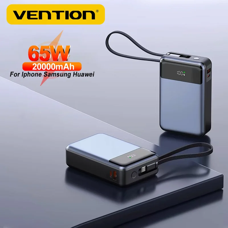 

Vention 65W Power Bank 20000mAh Fast Charging Powerbank External Battery Built-in Retractable Type-C Cable for Laptops iPhone 16