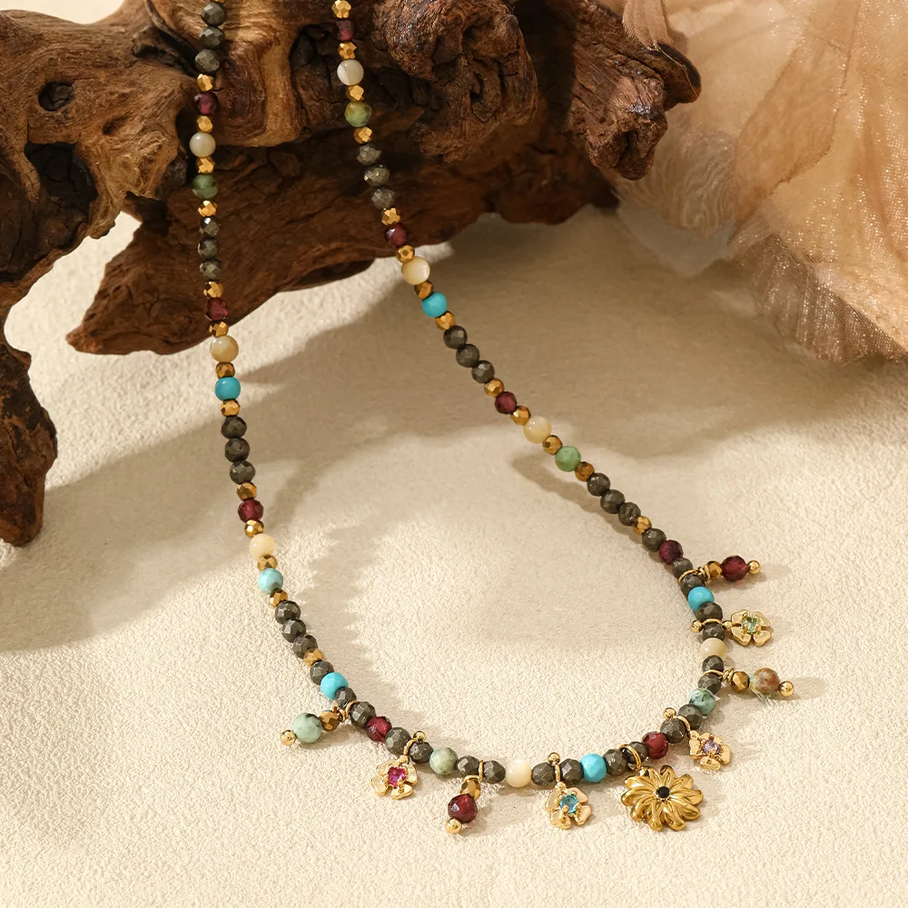 Vintage Holiday Style Colourful Stone Flower Multi-gem Necklace, Designer Dainty Stackable Choker