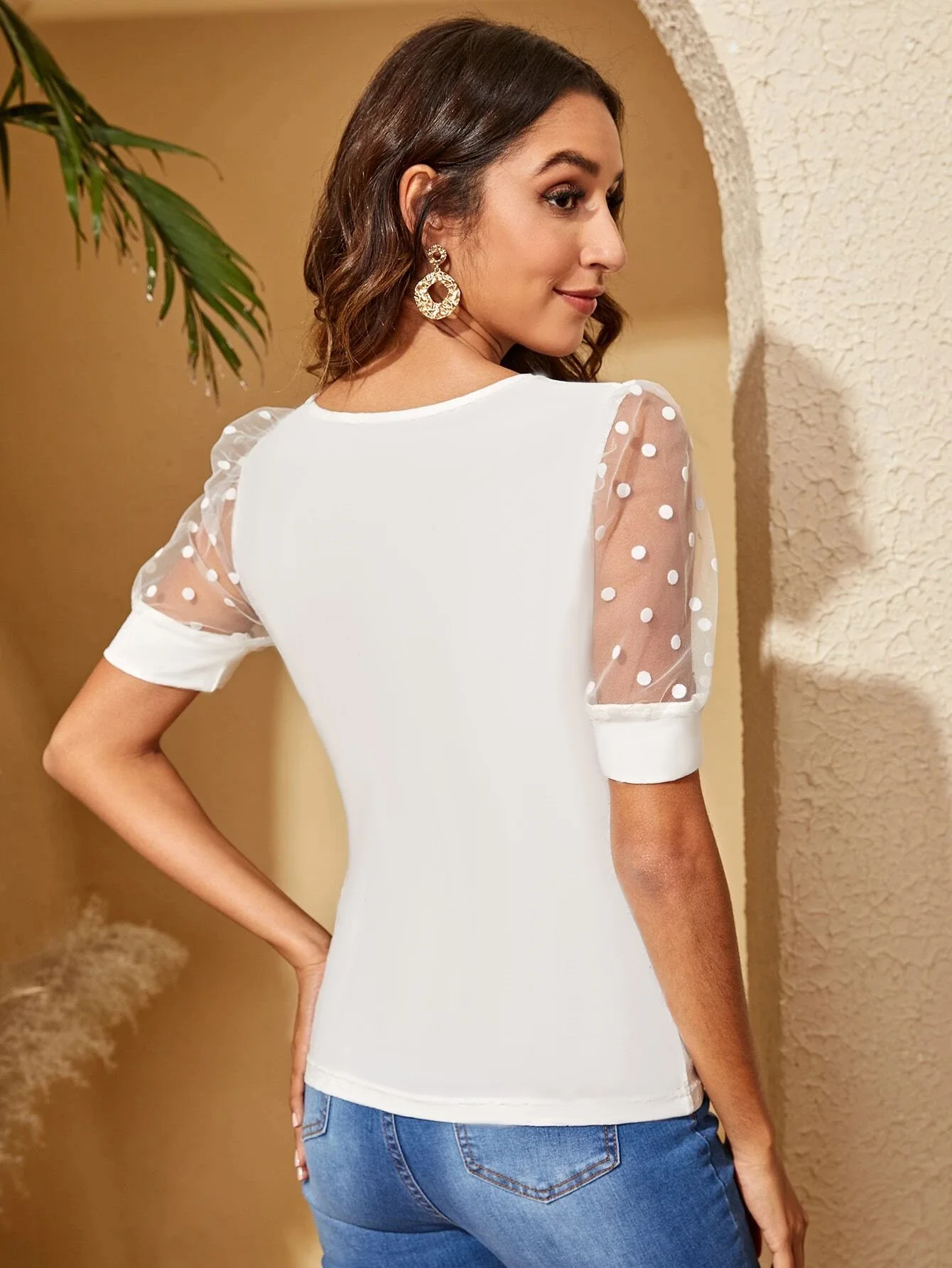 2024 Spring/summer New Women's Mesh Dot Stitching Round Neck Short-sleeved T-shirt Black and White Short-sleeved Women's T-shirt