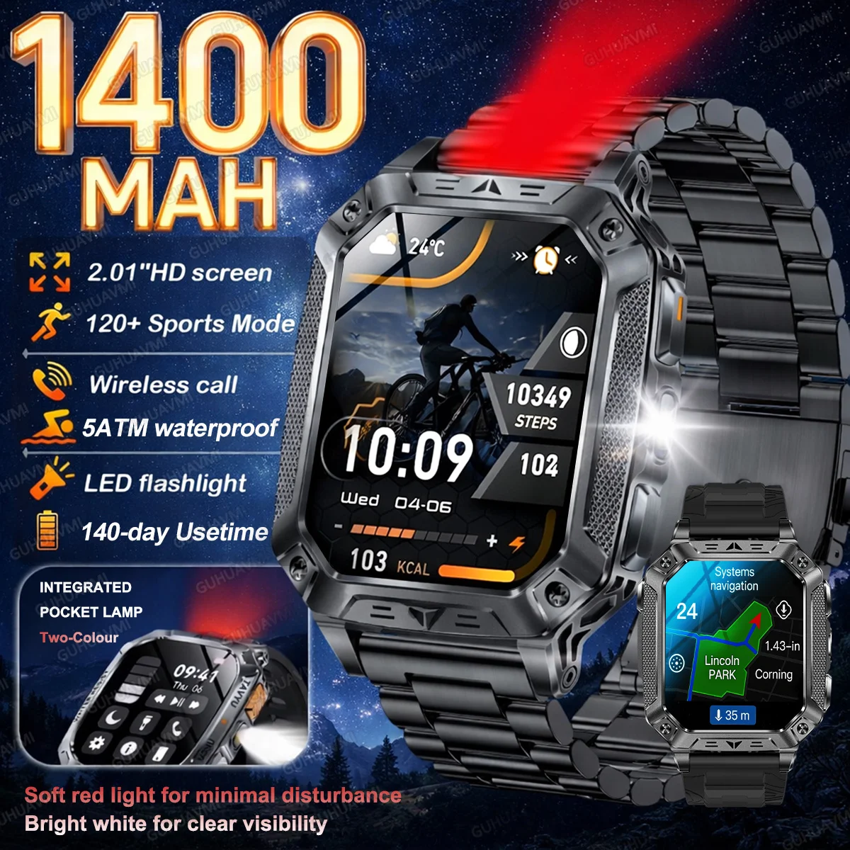 

2026 New 1400mAh Large Battery Smart Watch GPS Path Waterproof Sports tracker Dual-color Night Lamp Military Outdoor Smartwatch