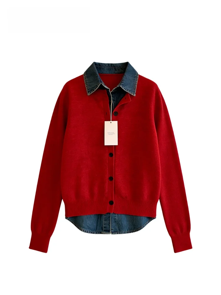 

Red Knitted Long Sve Denim Patchwork Top for plus Size Women Casual Sle Winter Faion Lazy Sister Autumn Winter New Arr...