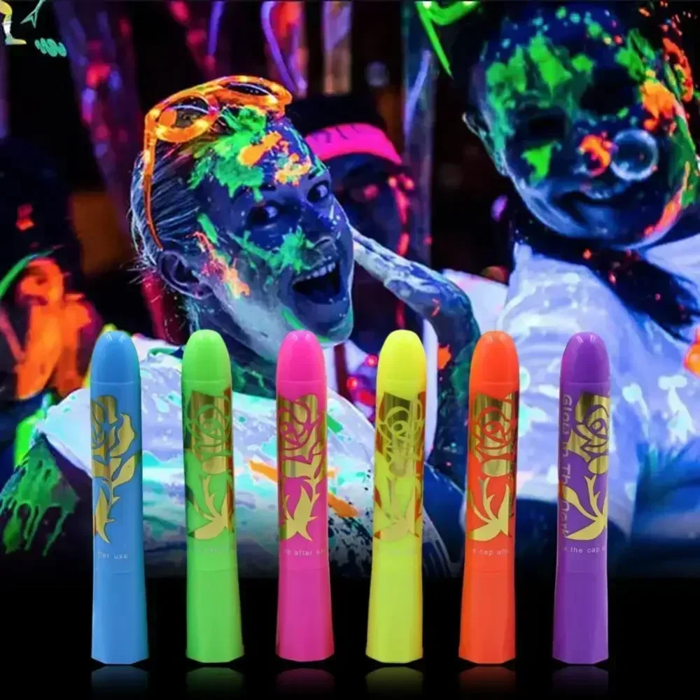 6Pcs Face Paint Crayon Vibrant Color Neon Body Paint Stunning No Odor Non-toxic Painting Face Body Paint Glow Stick Party Supply