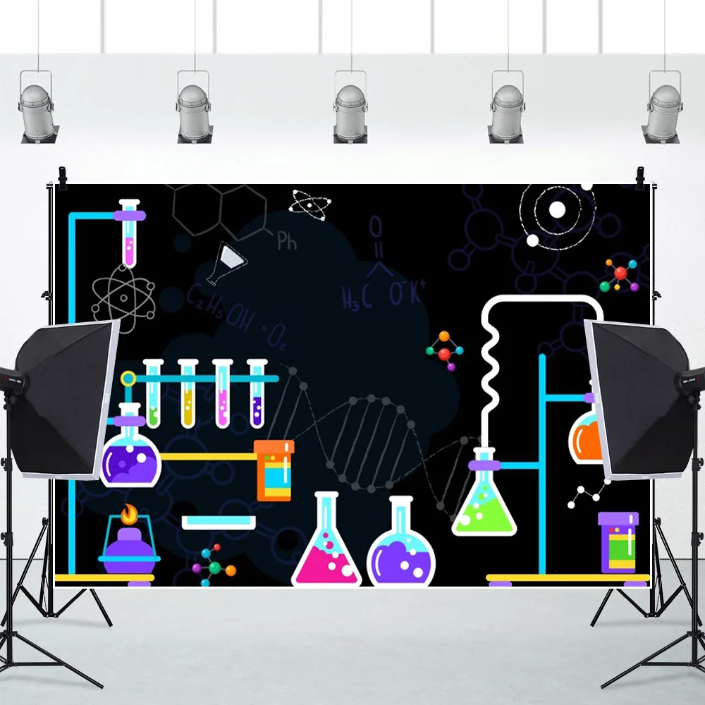 Fondo de fotografía de laboratorio de química, elementos científicos divertidos, fórmulas, símbolos de matemáticas, microscopio, fondo escolar, accesorios de estudio fotográfico