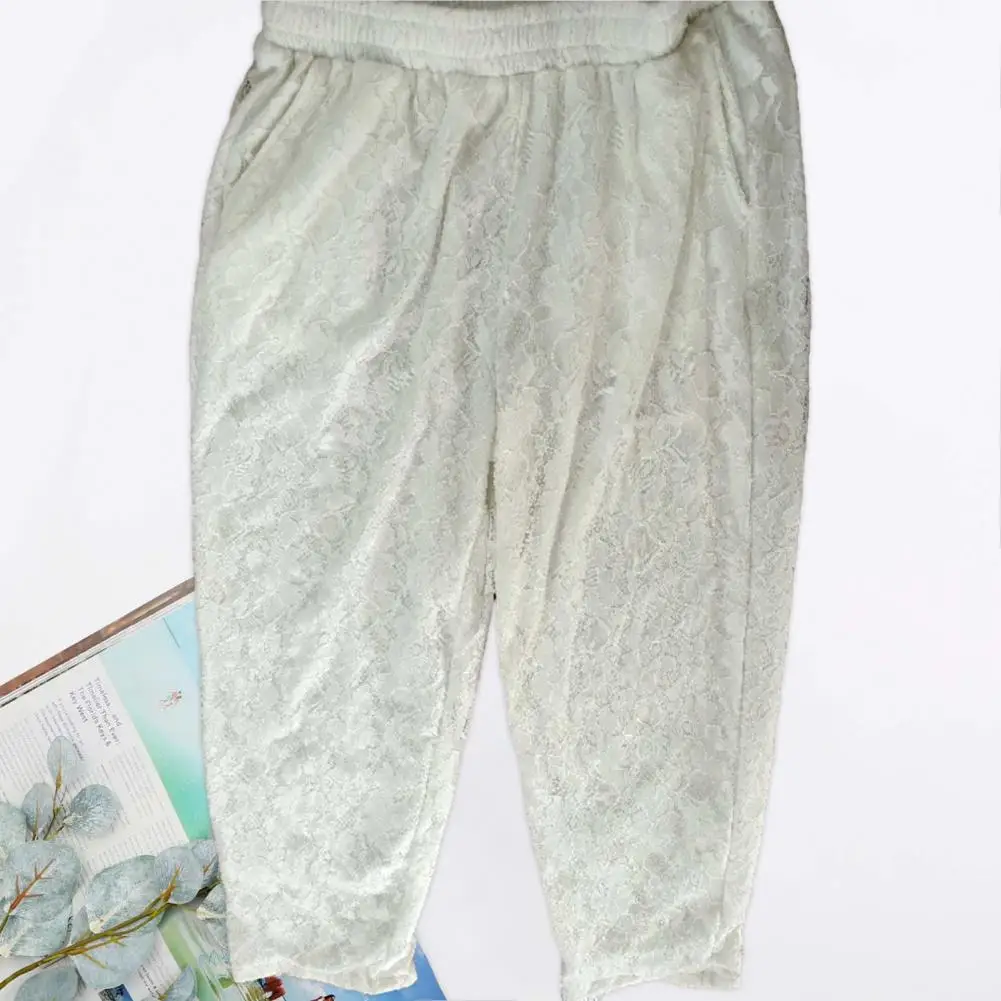 Pantaloni da donna eleganti nono pantaloni in pizzo con tasche inclinate in vita con coulisse per le donne pantaloni morbidi larghi alla caviglia pendolari