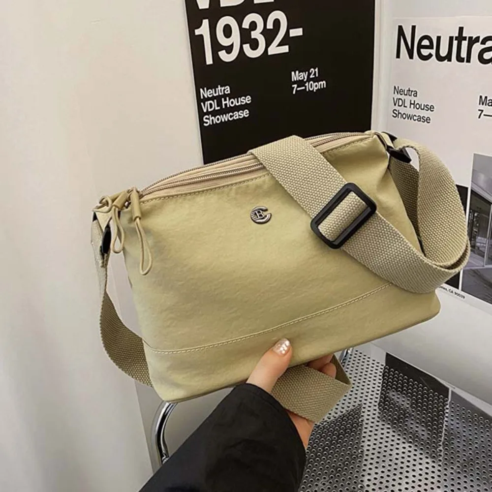 

Wide Strap Nylon Square Bag Soft Japanese Style Large Capacity Shoulder Bag Khaki Solid Color Casual Sport Pouch Women