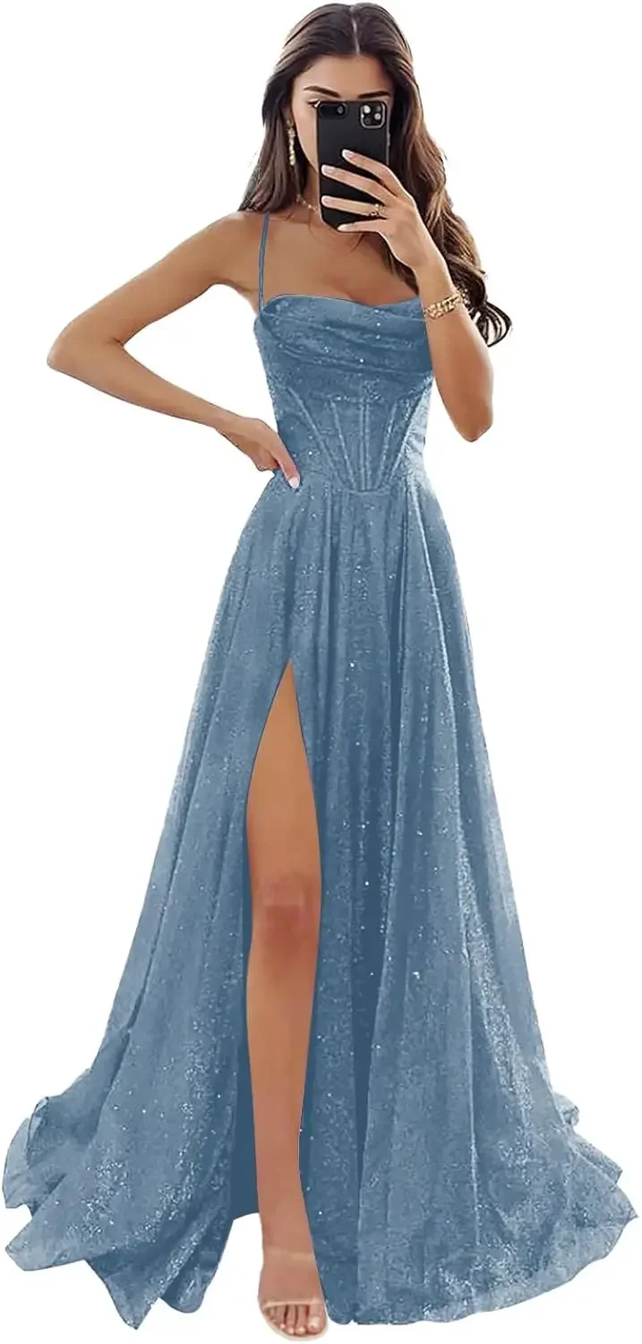 Tulle Prom Dresses with Slit Cowl Neck Long Formal Evening Party Gown Party Dress Women's Spaghetti Straps Glitter image 2