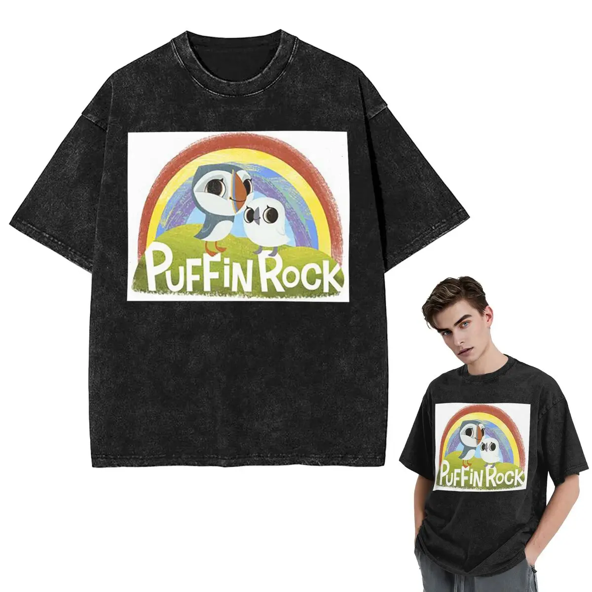 Puffin Rock Cartoon Washed T Shirts Cotton Short Sleeve Hip Hop T-Shirt Streetwear Tops Tees for Men Women