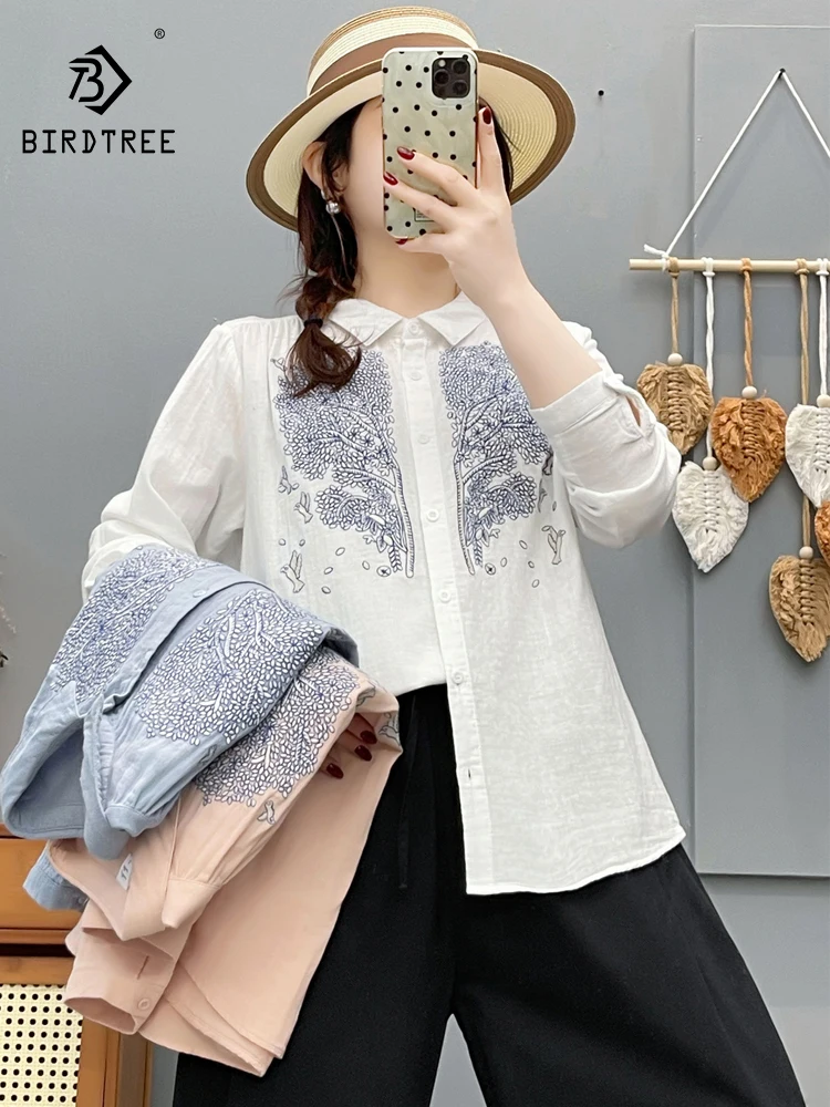 

Новая женская хлопковая рубашка с длинным рукавом на весну 2026 года, с отложным воротником и вышивкой, в стиле Mori Girl, мягкая повседневная свободная блузка T61786CC