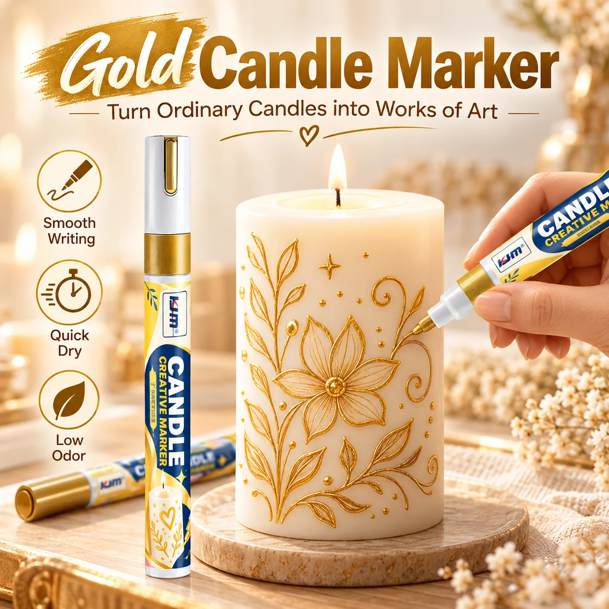 KJM Candle Paint Marker For DIY Candle Art, Gold Silver Red Black Colors, Quick-Drying Pen For Gifts And Home Decor