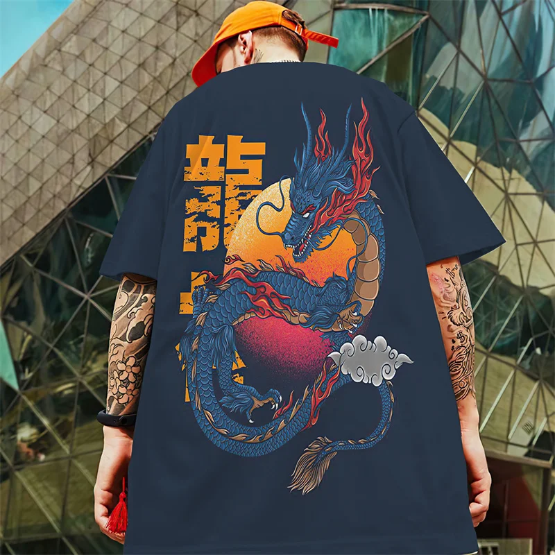 Retro T-Shirts For Men 3d Japanese Dragon Print Male Clothing Summer Casual Short Sleeved Oversized T-Shirt Street Harajuku Tees