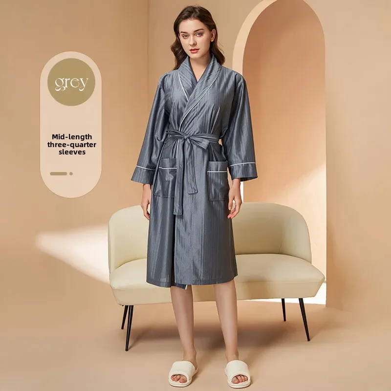 2025 New Sleep Robe Spring Cool Thin Style Couple Bathrobe Grade Sense Summer Medium Long Style Morning Robe Yukata Female