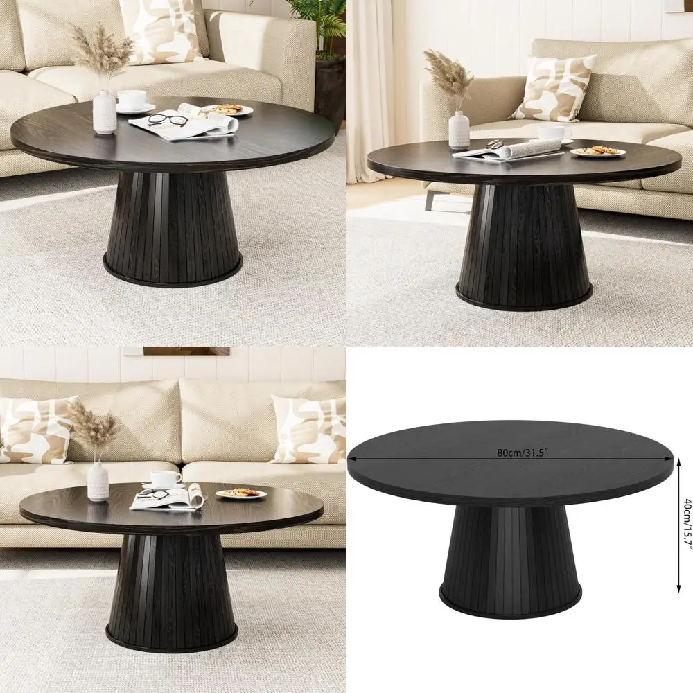 Rustic Mid-Century Modern Round Coffee Table with Fluted Center, 31.5 for Living Room