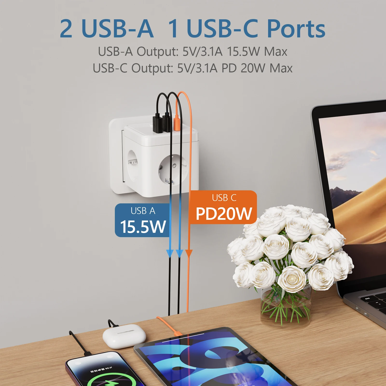 Wall Socket Extender with Switch 3 Outlets 2 USB A and 1 Type C Port Portable Cube Socket Power Strip Adapter Charger For Travel image 3