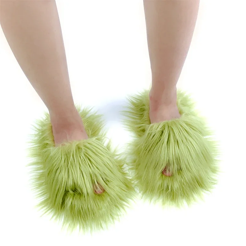 Luxury Runway Fashion Furry Flat Slippers Women Mules Harajuku Gothic Punk Y2k Hot Girls Sexy Fake Fur Slides Cute Home Slippers