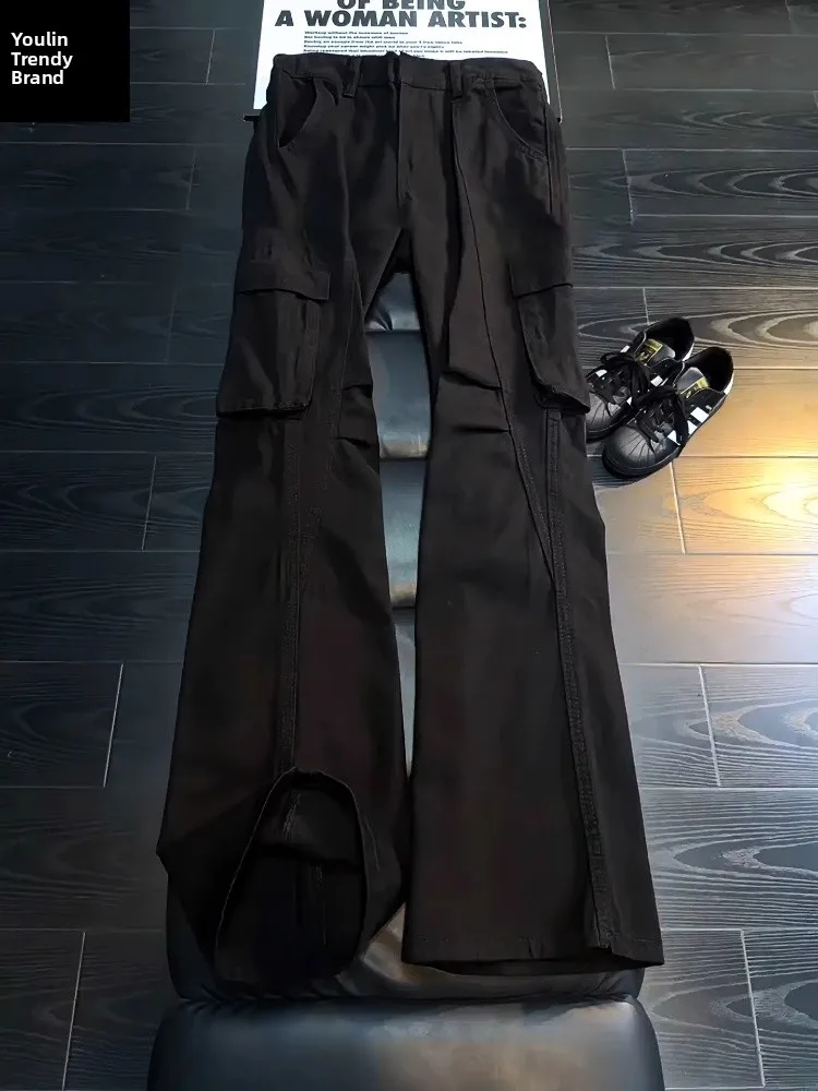 

Черные плиссированные джинсы-карго для мужчин, зимние, в американском уличном стиле, зауженные, прямые, слегка расклешенные брюки