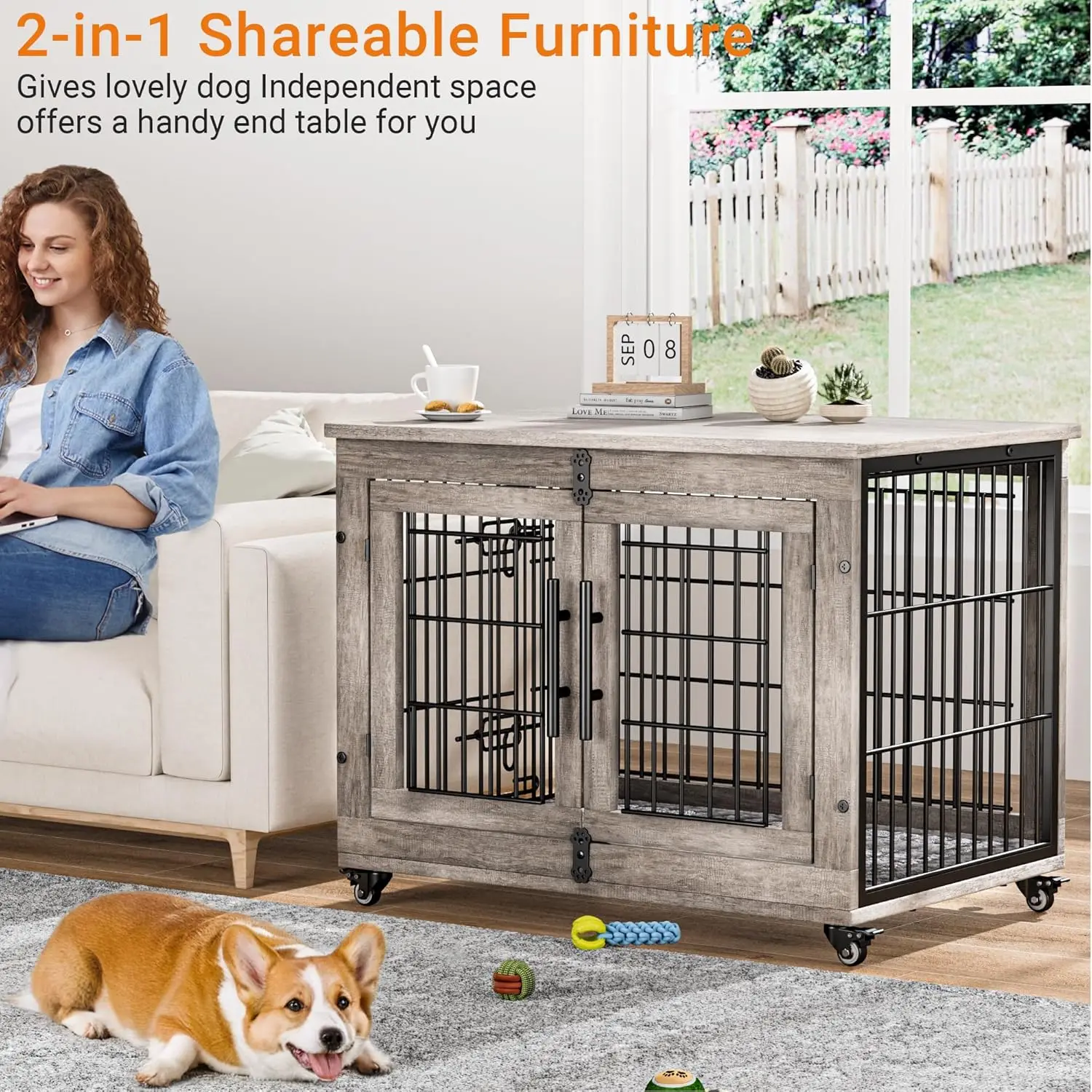 Dog Crate Furniture for Medium Dogs, 32'' Dog Kennel Indoor with Cushion & Wheels Wooden  Double Doors Dog Crate End Table, Grey