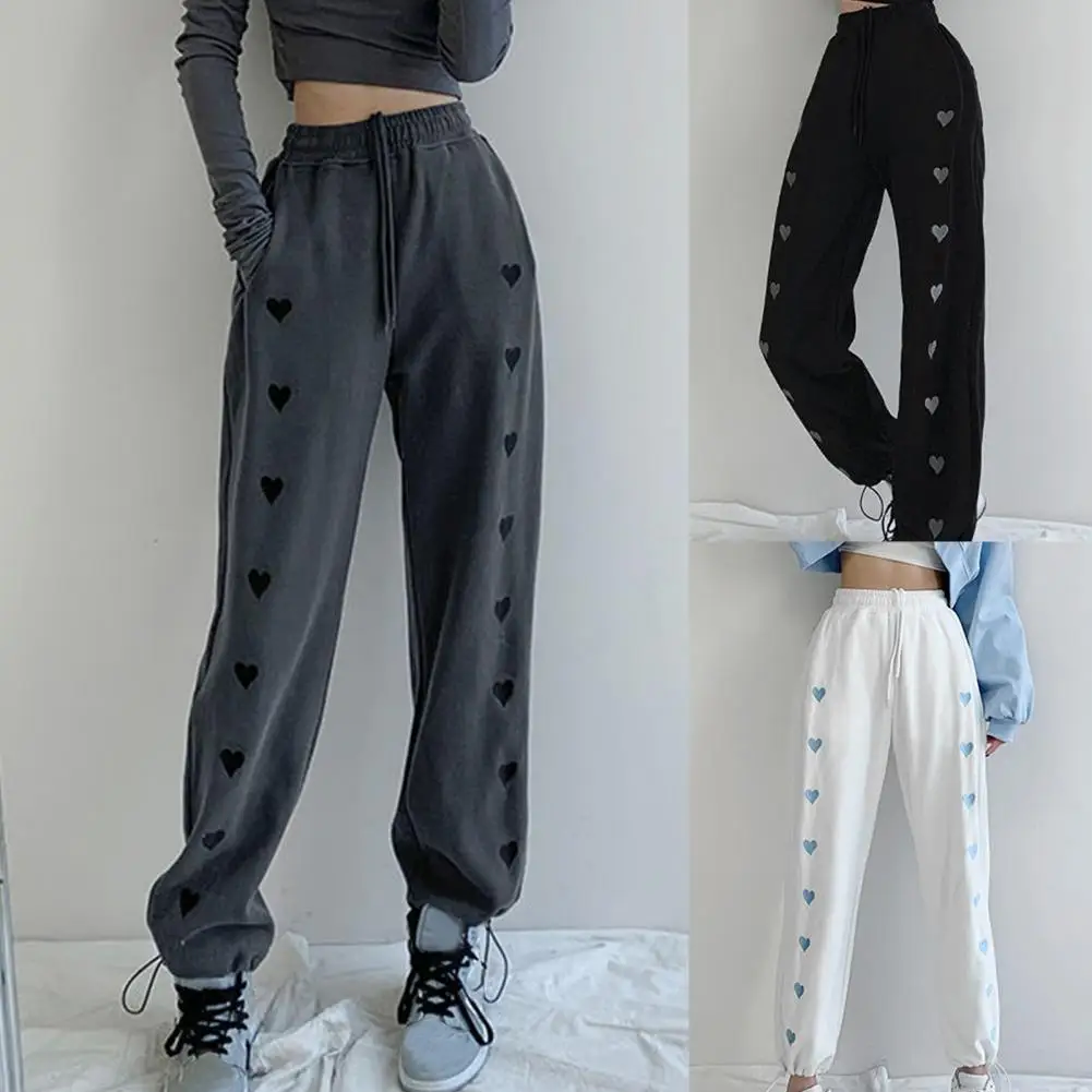 Heart Printing Casual Pants Women Loose Straight Joggers High Waist Sweatpants Wide Leg Pants Streetwear Hip Hop Trousers