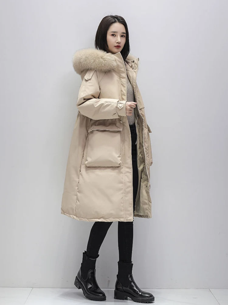 Aibeautyer New Winter Thick Warm Long Outwear Women Snow Jacket Large Natural Fur Collar Hooded Parkas 90% White Duck Down Coat