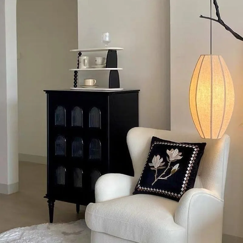 High-grade black retro display cabinet, French solid wood dining side cabinet, living room single door removable side cabinet