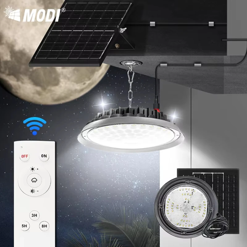 

Solar powered ceiling light. Tri color remote control lighting. It is equipped with a 7-meter-long cable and a solar panel.