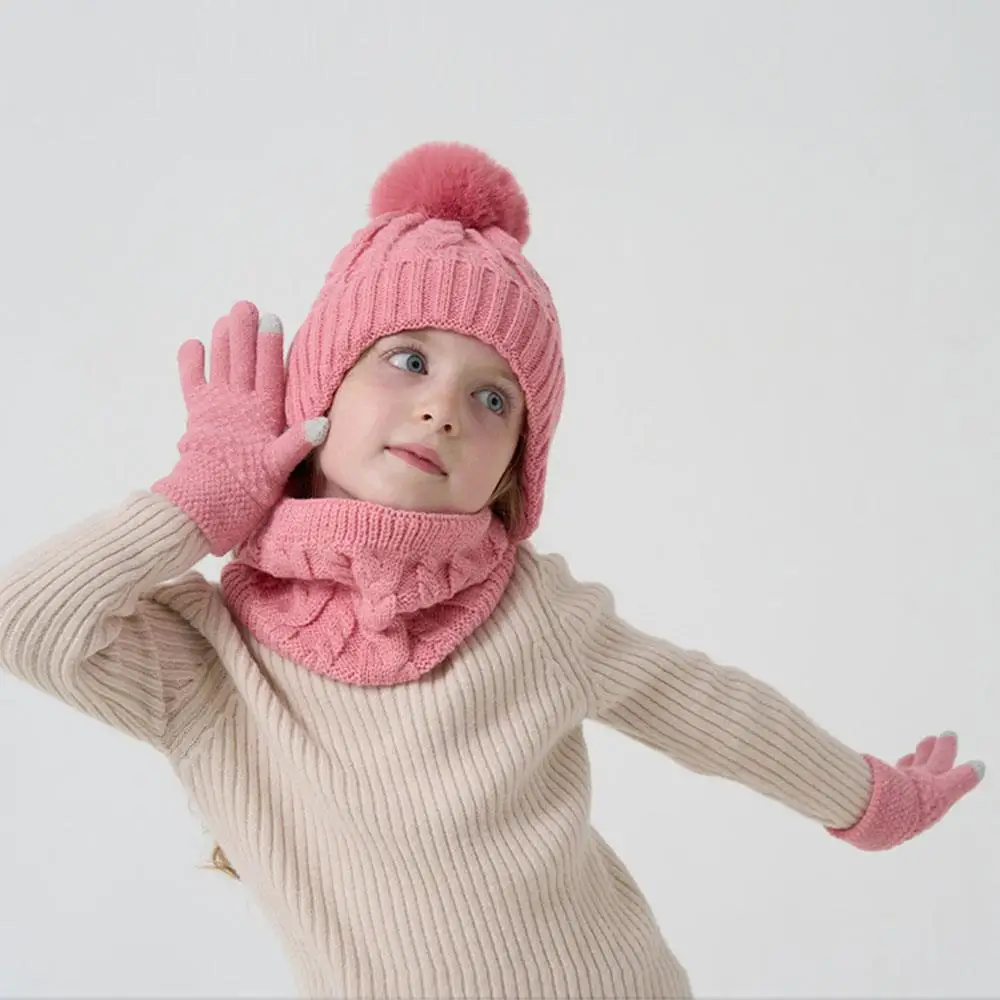 

Милая детская зимняя шапка, шарф, перчатки, комплекты, детская однотонная теплая вязаная шапка-бини, плюшевая ветрозащитная теплая шея, холодостойкие варежки