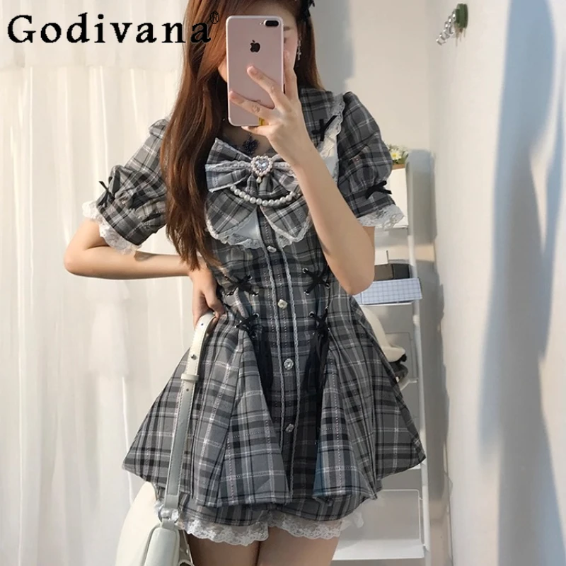 

Women's Uniform Shorts Set Summer Short Sleeve Shirt with Lace High Waist Short Girls Bow A Complete Set of Plaid Outfits