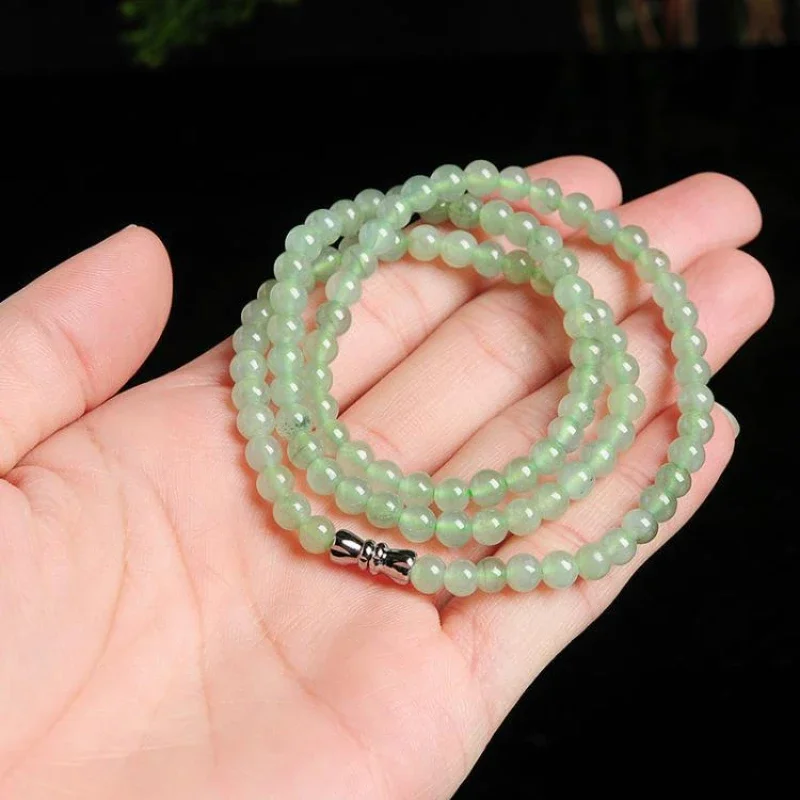 Natural green Dongling jade round bead necklace, jade jade mother chain, three-circle Buddha bead bracelet.