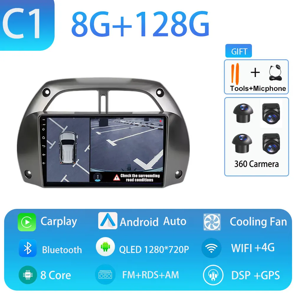 Android 15 voor Toyota RAV4 2001-2005 Draadloze CarPlay Autoradio Video Audio Multimedi Speler Auto BT WIFI 4G 2K QLED Geen 2 din
