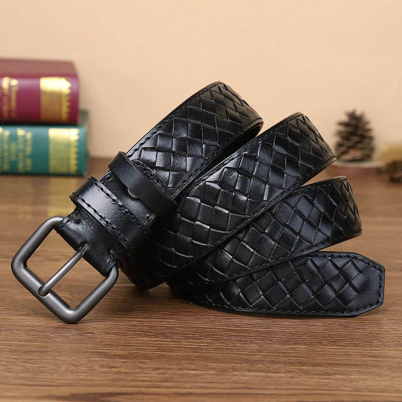 Genuine youth men's belt genuine leather braided pin buckle belt first layer cowhide hand-woven couple style versatile belt