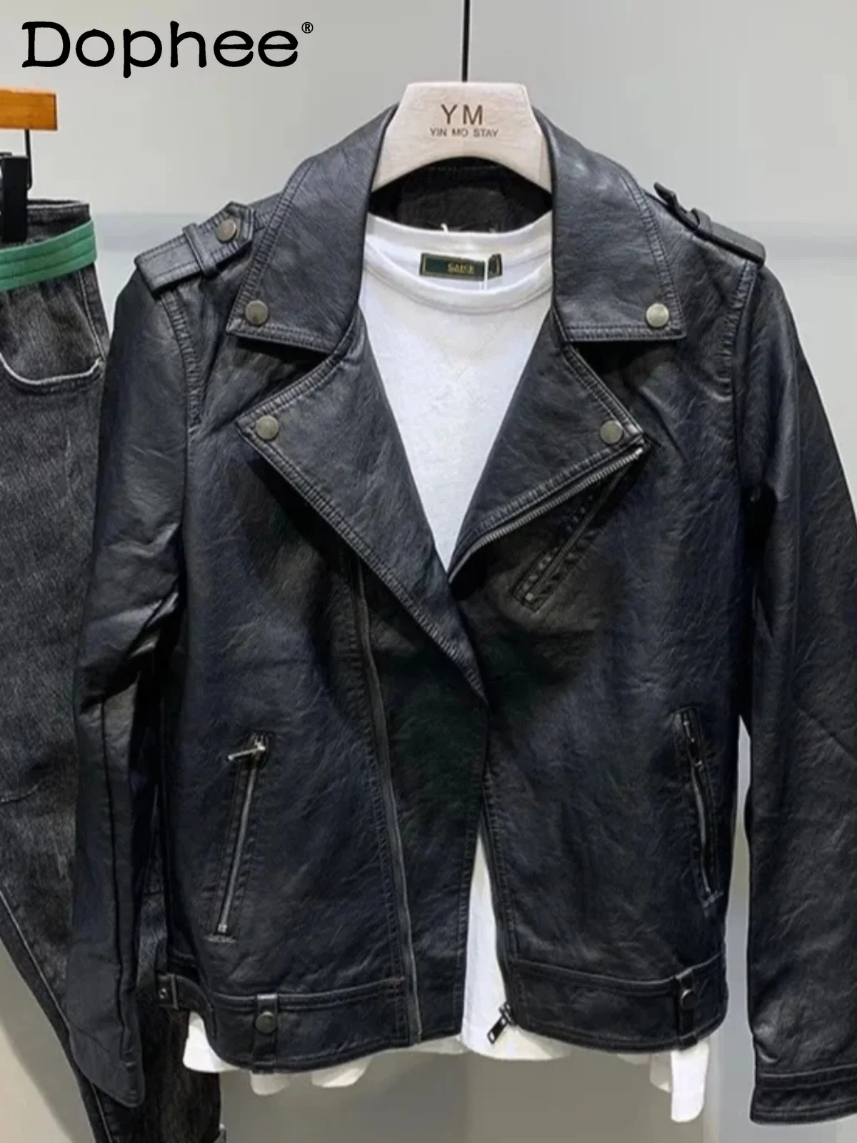 

Korean Fashionable Handsome Trendy Men's Zipper Turn-down Collar Leather Jacket Long Sleeve Autumn High Street Versatile Coat