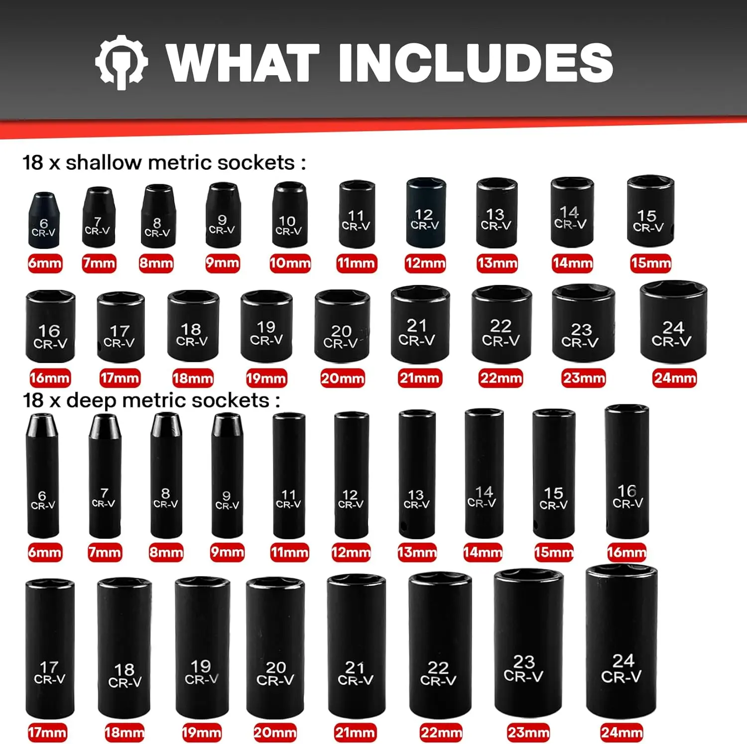 Drive Impact Socket Set, SAE/Metric, Deep & Shallow, Cr-V Steel,6 Point with Adapters, Ratchet Handle, Extension BarsBit Adapter