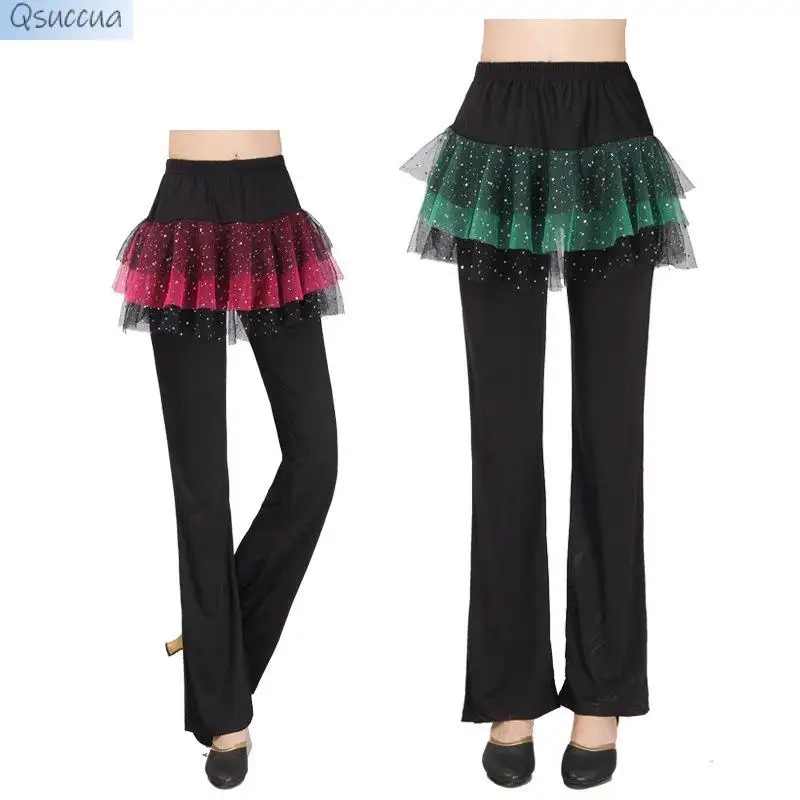 Summer New Style Latin Dance Pants Square Dance Costume Milk Silk Adult Female Sequined Mesh Culottes