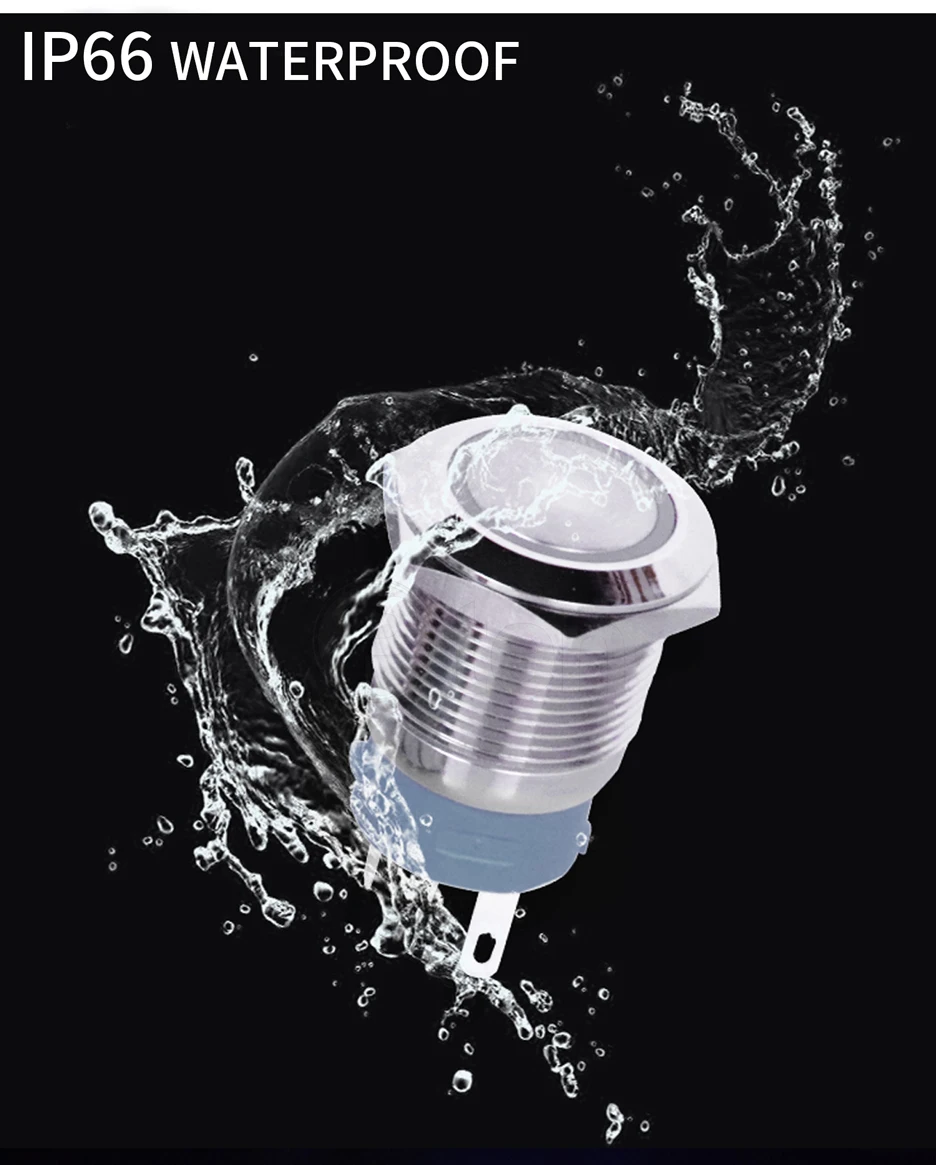 16 19 22 مللي متر ثلاثي الألوان R/G/B LED مع سلك مقاوم للماء مفتاح بـزر دفع معدني LED حلقة/الطاقة لحظة الإغلاق 1NO1NC