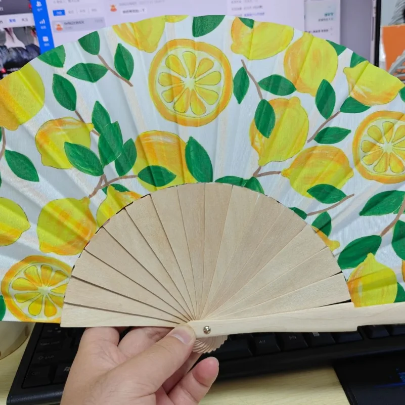 1Pc Lemon Print Folding Hand Fan Cute Wood Summer Spring Fan For Women Girls Daily Cooling & Outdoor Picnic Accessory