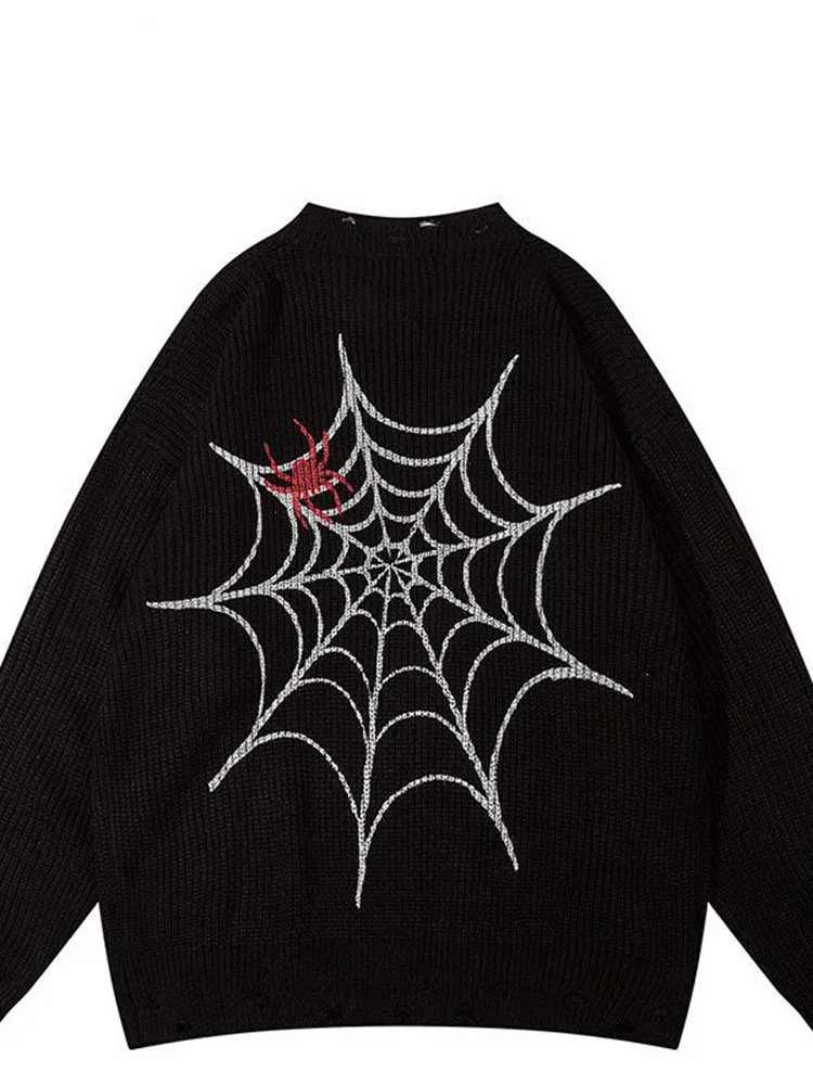 High Street China-Chic Hip Hop Spider Web Printed Perforated Sweater Men's ins Fashion Personalized Loose Lazy Knit