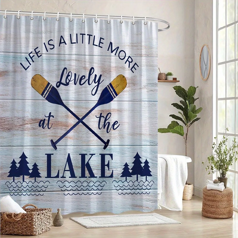 シンプルな青い祝福メッセージシャワーカーテン、洗える防汚シャワーヘッド、防水ポリエステル製バスカーテン、家の装飾に