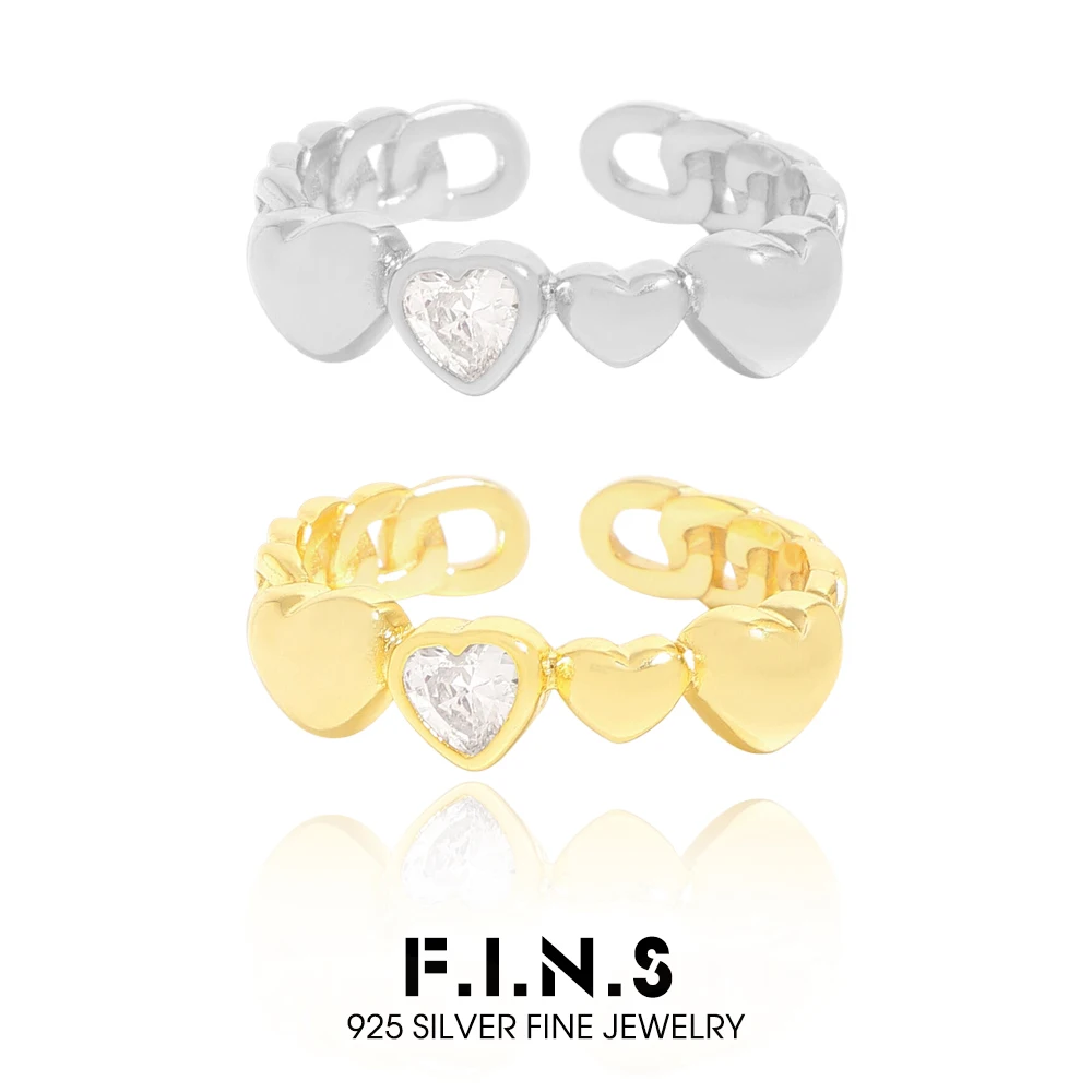 

F.I.N.S Original Minimalist Design S925 Sterling Silver Zircon Ring for Women Luxury Heart-Shaped Open Adjustable Finger Jewels