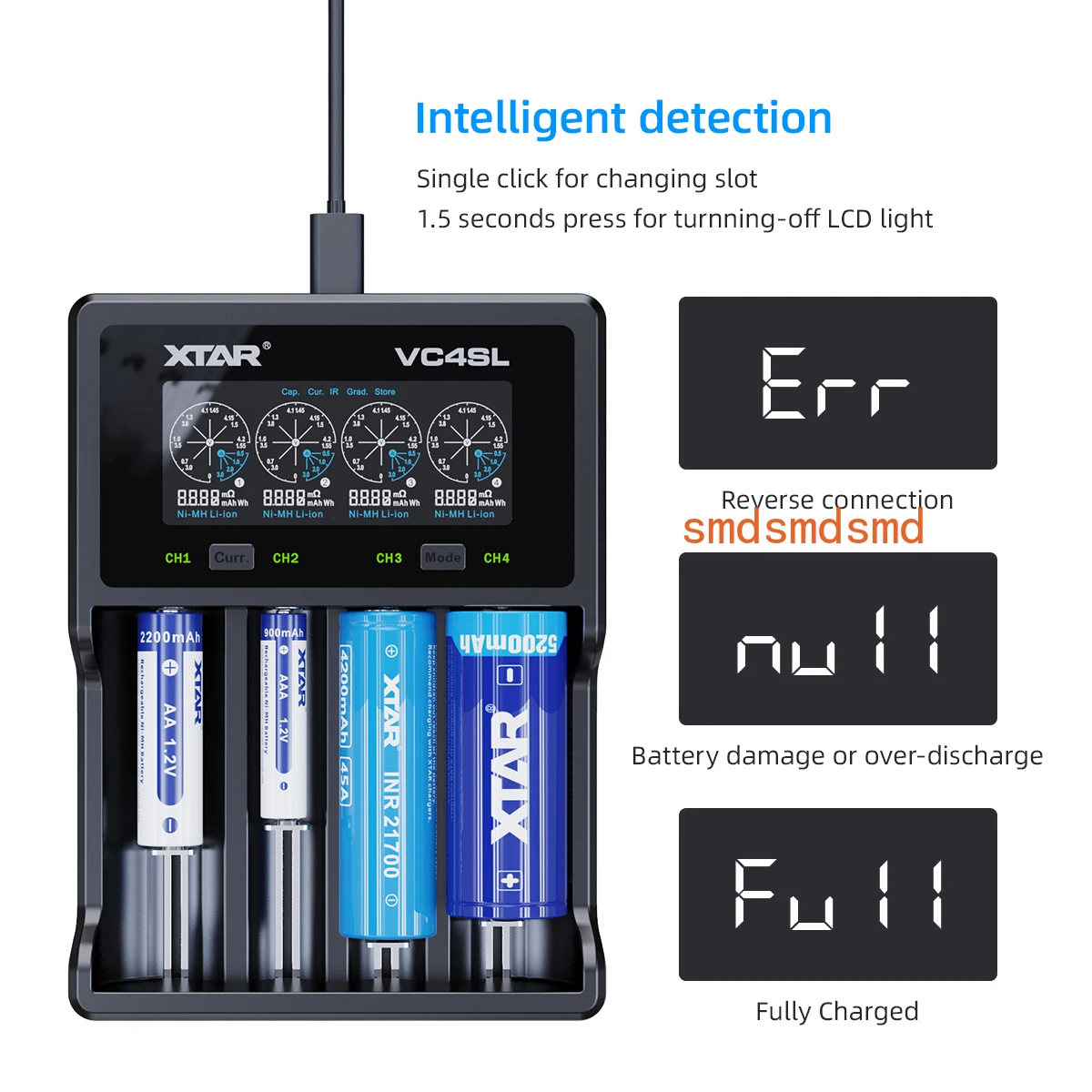 Smart USB C 18650 Battey Charger QC3.0 Fast Charge Rechargeable LI-ion Battery 18700 20700 26650 21700 AAA AA Charger VC4SL
