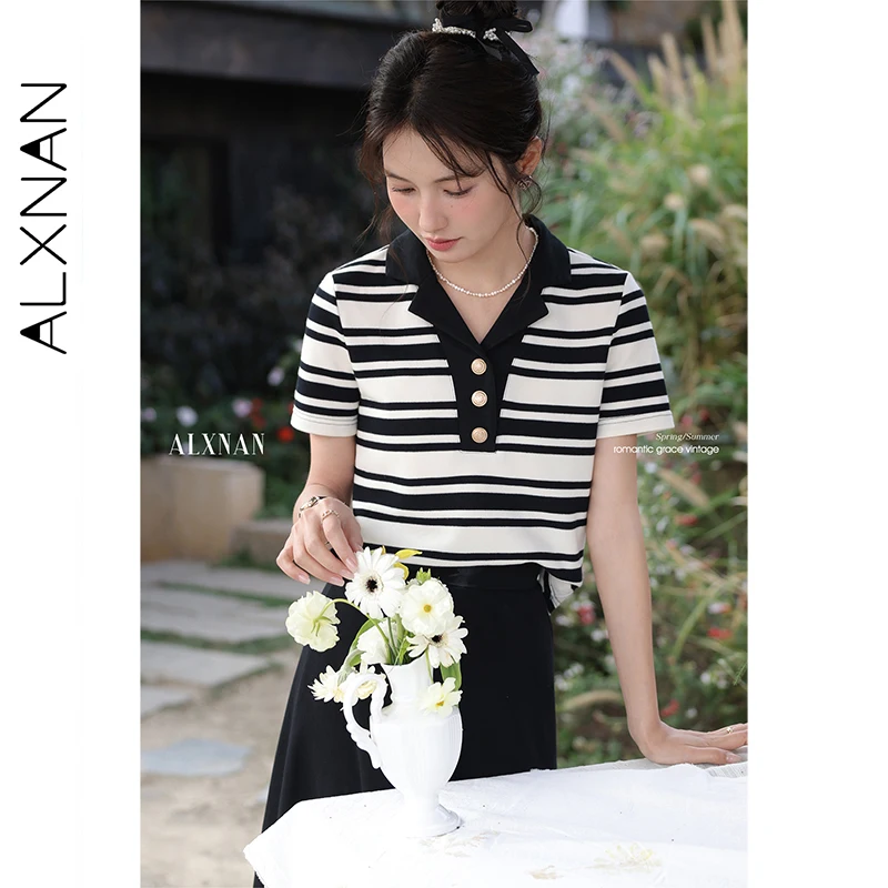ALXNAN Dames Gestreept T-shirt Polo Kraag Korte mouw Gebreid T-shirt 2025, Zomer Elegant Casual Loose-fit Tops Dames L55333