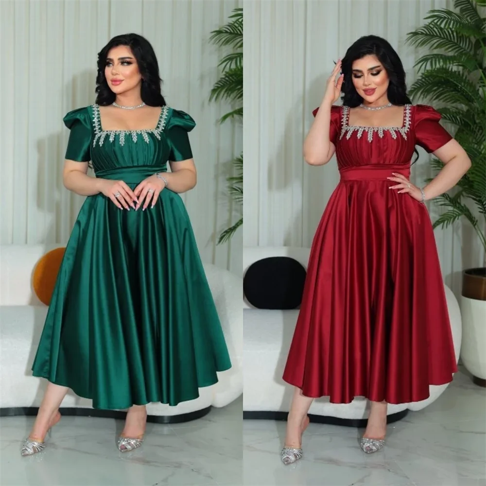 

Customized Prom Dress Saudi Arabia Dearin Square Collar A-line Ankle Length Skirts Draped Beading Bespoke Occasion Dresses Eveni