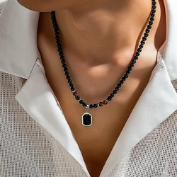 Salircon Simple Black Tiger Stone Beaded Clavicle Necklace Punk Geometric Stainless Steel Pendant Choker For Men Casual Jewelry