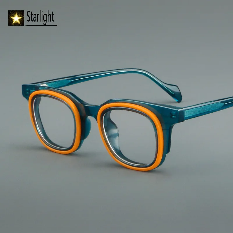 New Retro Acetate Patchwork Glasses Frame Man Square Fashion Eyeglasses Frames Men Color Women Reading Prescription Myopia 141mm
